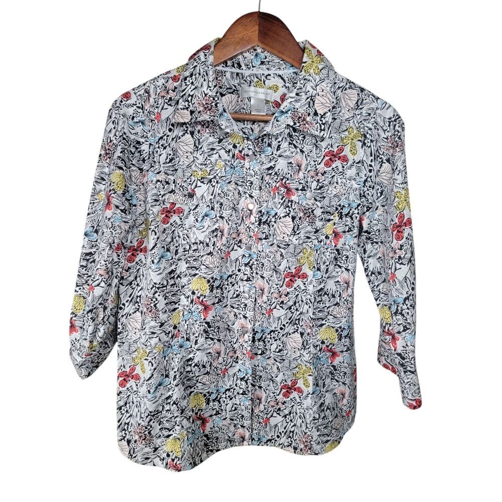 Christopher & Banks‎ Size Small White Black Butterfly Roll Tab Sleeve Shirt